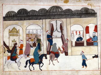 Ein Marsch aus Konstantinopel. Miniatur aus „Türkische Denkmäler“ (Codex Cicogna 1971 „Memorie Turchesche“) Aquarell aus der venezianischen Schule des 17. Jahrhunderts.