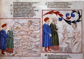 Dante und Virgil im Gespräch mit Grifolino von Arezzo und Capocchio von Siena, 14. Jahrhundert