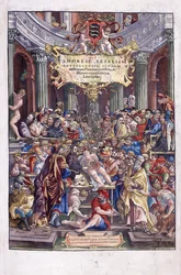 Flämischer Anatom und Arzt Andreas Vesalius gibt eine Lektion an der medizinischen Fakultät in Brüssel, 1543
