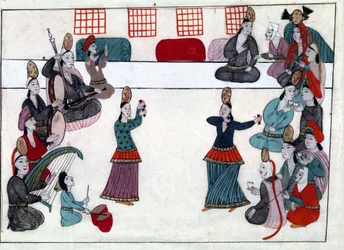 Musiker und Tänzer im Osmanischen Reich. Miniatur aus „Türkische Denkmäler“ (Codex Cicogna 1971 „Memorie Turchesche“) Aquarell der venezianischen Schule des 17. Jahrhunderts