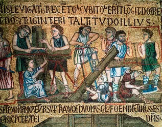 Byzantinische Architektur: „Der Bau des Turms von Babel“ Auf der Baustelle sägen Arbeiter und Zimmerleute Bretter. Mosaik von venezianischen Künstlern, 13. Jahrhundert, Basilika San Marco