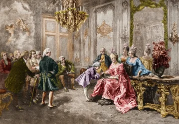 Wolfgang Amadeus Mozart (1756-1791) bei Madame (Marquise) de Pompadour (Die Familie Mozart während der Europatournee) (1763-1766). Gravur nach dem Gemälde von M. V. de Paredes.