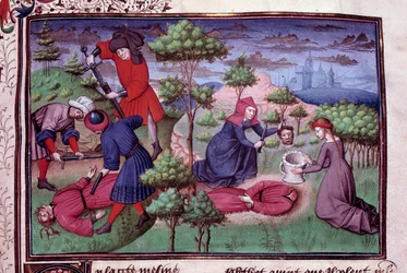 Mordszene von zwei Männern, deren Mörder ihnen den Kopf abschneiden. Seite eines Manuskripts auf Französisch des „Decameron“ von Giovanni Boccaccio genannt Jean Boccace (1313-1375), italienischer Schriftsteller, illuminiert vom Meister von Mansel. 1450. Pa