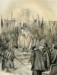 Krönung von Hugues Capet (941-996) in Noyon im Jahr 987. Diese Krönung markierte den Beginn der Kapetinger-Dynastie, Könige von Frankreich, die in direkter oder indirekter Nachfolge für 8 Jahre regierten. Gravur von Victor Adam (1801-1866) im Buch 