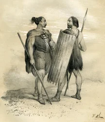 Fränkische und Sicamber-Krieger um das Jahr 254. Die Sicamber waren ein germanisches Volk südlich der Lippe, das im 8. Jahrhundert von den Römern unterworfen und dann in das fränkische Volk integriert wurde. Gravur von Victor Adam (1801-1866) im Buch „Fran