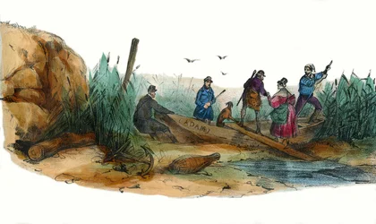 Die Löwin, Jagdszene. in „Album Grotesque, Auswahl herausragender Typen“, Illustrationen von Victor Adam, Paris, um 1850.