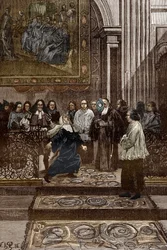 Affäre der Besessenen von Loudun (Dämonen von Loudun) um 1630: Exorzismus der besessenen Mutter Oberin des Ursulinenklosters durch den Priester von Chinon, Pierre Barre, nach den Ereignissen der „Besessenheit von Loudun“, Illustration für Besessene von Lou