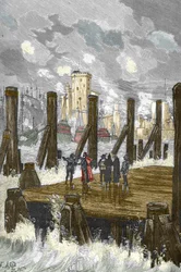 Belagerung von La Rochelle (1627-1628): „Kardinal Richelieu (1585-1642) auf dem Damm von La Rochelle während der Belagerung der Stadt, des protestantischen Waffenplatzes, im Oktober 1628“