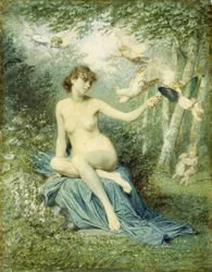 Nymphe vertreibt die Liebe mit einer Fackel