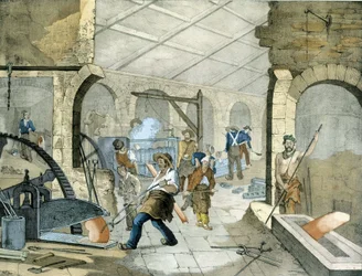 Schmieden - Lithographie von Janson, 19. Jahrhundert