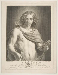 Apollo trägt einen Mantel und hält einen Lorbeerzweig und eine Geige, 1784