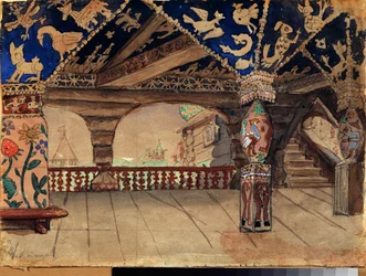 Bühnenbild für das Theaterstück "Schneemädchen" von A. Ostrovsky (Holzterrasse)