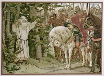 Fürst Oleg (gest. um 912) begegnet dem Seher, der prophezeit, dass sein Pferd die Ursache seines Todes sein wird, Illustration aus „Das Lied vom weisen Oleg“. 1899