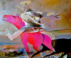 Surrealer Reiter auf rosa Pferd