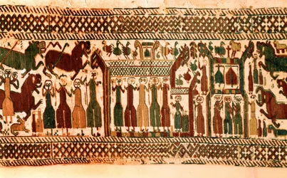 Wikinger: Sänger und Glöckner. Wandteppich aus der Kirche von Skog, Schweden, spätes 12. Jahrhundert. Stockholm, Historiska museet