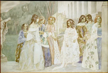 Requiem: Junge Frauen in Krinolinenkleidern unterhalten sich in einem Garten. Werk von Viktor (Victor) Elpidiforowitsch Borissow-Mussatow (Borissow-Mussatow) (1870-1905)