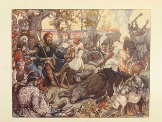 Ruhe des Großfürsten Wladimir II. Monomach auf der Jagd. Die kaiserliche Jagd in Russland von N. Kutepov