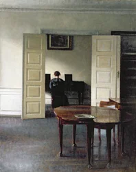 Ein Innenraum mit einer Frau, die Klavier spielt, 1910
