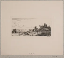 Landschaft mit einem Bauernhaus und einer Hütte