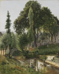 Savoyer Landschaft. Frauen waschen Kleidung im Fluss