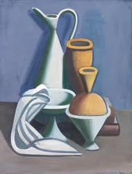 Stillleben mit Wasserkrug, Handtuch und Krügen
