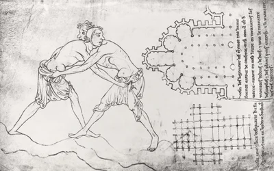Ms.Fr.19093 fol.14v Zwei Ringer, Plan einer Zisterzienserkirche und Plan des Chors von Notre-Dame de Cambrai (Faksimilekopie)