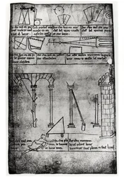 Ms.Fr.19093 fol.20v Geometrische Figuren für den Bau, Bögen und ein Mann, der die Höhe eines Turms misst (Faksimile)