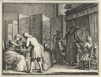 Figuren um ein Krankenbett und ein Arzt, der eine Frau verbindet