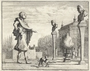 Mann bei zwei Hermen im formellen Garten