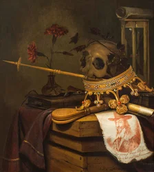 Ein Vanitas-Stillleben mit einem Schädel, Krone, Zepter, Flöte, Blasebalg, Sanduhr, Nelken in einer Glasvase, Schriftrolle, Buch und einem gravierten Porträt von Charles I.