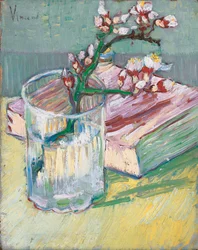 Blühender Mandelzweig in einem Glas mit einem Buch, 1888
