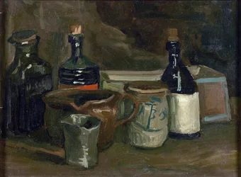 Stillleben mit Flaschen und Töpferwaren, Maße: 31,5x41,8