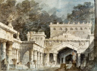 Bühnenbild für fünfte Szene von Norma, Oper von Vincenzo Bellini, aufgeführt im La Fenice Theater in Venedig