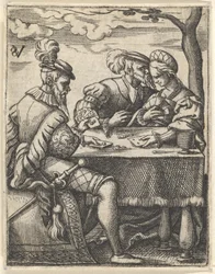 Zwei Männer und eine Frau spielen Karten an einem Tisch, ein Mann drückt seine Nase..., ca. 1535-62