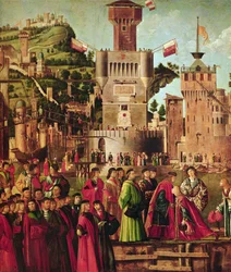 Treffen von Etherius und Ursula und die Abreise der Pilger, aus dem St. Ursula-Zyklus, um 1490-96 (Detail)