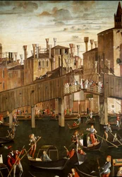 Das Wunder der Reliquie des Heiligen Kreuzes an der Rialtobrücke in Venedig (Detail). Gemälde von Vittore Carpaccio (1460-1525)