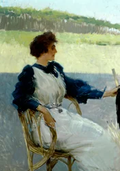 Porträt einer Dame im Freien von Vittorio Matteo Corcos (1859-1933), Öl auf Leinwand, ca. 1910