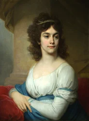Porträt einer unbekannten Frau in weißem Kleid mit blauem Band, Ende 1790er