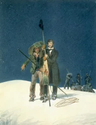 Charles Fellows mit William Hawes, pflanzt einen Stab auf dem Gipfel, eingefügt als Beilage in A Narrative of an Ascent to the Summit of Mont Blanc von Charles Fellows (1799-1860), veröffentlicht 1827