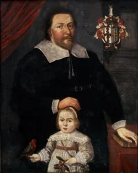 Sir Edward Lawrence mit seinem Sohn und einem Papagei