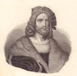 Porträt des italienischen Dichters Antonio Tebaldeo (1463-1537), Kupferstich nach einem Gemälde von Raphael