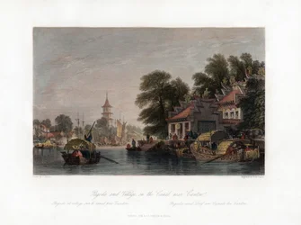 Pagode und Dorf am Kanal in der Nähe von Kanton, China, ca. 1840