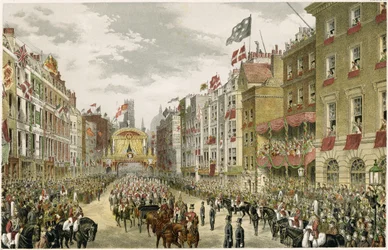 Prozession auf dem Strand, Temple Bar, Strand, London, UK (Farbstich)