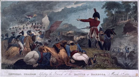 General Graham besiegt die Franzosen in der Schlacht von Barrosa, graviert von J. Edwards, veröffentlicht von Almanack Stationers, 1812