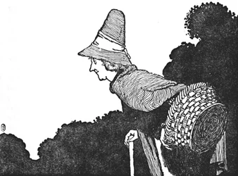 Und traf eine alte Frau mit einem Korb voller Beeren, ca. 1930