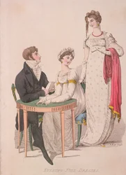 Zwei Frauen und ein Mann in Abendgarderobe, ca. 1810