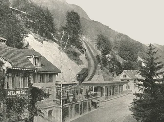 Startpunkt der Pilatusbahn, Alpnachstad, Schweiz, 1895