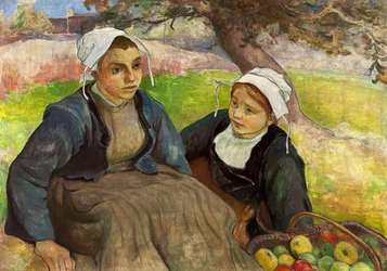 Zwei bretonische Frauen mit einem Korb Äpfel