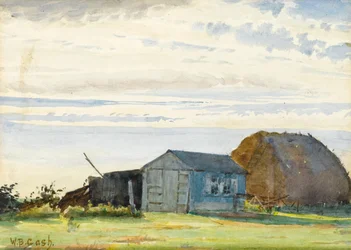 Heuhaufen, Hütten mit Feld im Vordergrund