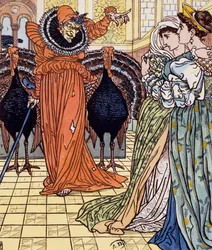 Erscheinung einer Hexe, begleitet von zwei Pfauen, Stich nach einer Zeichnung von Walter Crane (1845-1915)